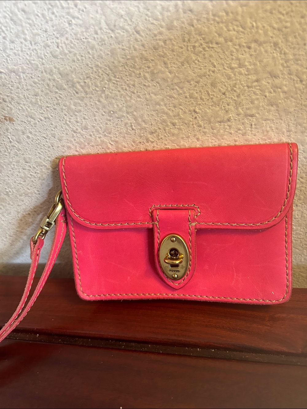 Fossil Hot Pink Leather Wristlet Clutch with Gold-Tone Lock